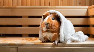 un Guinea cerdo vistiendo un minúsculo toalla y sentado en un sauna banco sus propietario cerca con un sonrisa en su rostro. foto