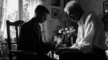 A father passing down his grandfathers elegant wrisch to his son a ritual steeped in tradition and sentimentality photo
