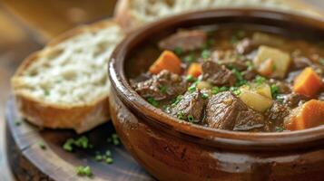 A comforting bowl of beef stew served piping hot with a crusty piece of bread for dipping. The meat is tender and flavorful and the veggies are cooked to perfection in a thic photo