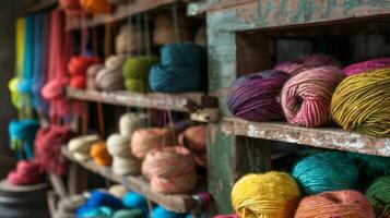 Bright strands of colorful yarn contrast against the dark rustic interior of the workshop. 2d flat cartoon photo