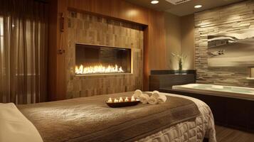 The fireplace in the spas couples suite sets the scene for a romantic and intimate spa experience. 2d flat cartoon photo