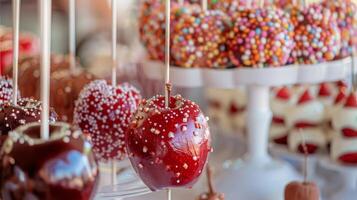 un bricolaje caramelo manzana estación es conjunto arriba con varios coberturas para invitados a crear su propio dulce trata foto