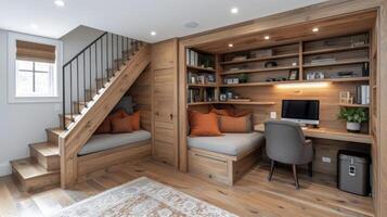 A clever understair office nook complete with a builtin desk chair and storage shelves creating a functional workspace in an otherwise unused area photo