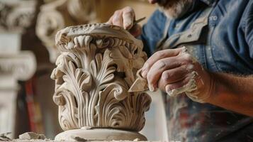 A closeup of a skilled craftsman carefully carving a replica of a damaged stone finial restoring it to its former glory on a historical building photo