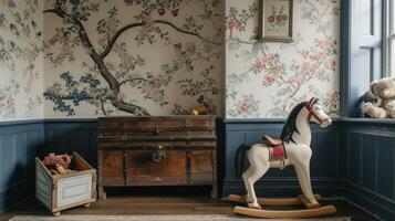 A playful childrens bedroom with vintageinspired wallpaper a retro rocking horse and an antique toy chest photo