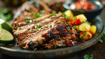 dulce y sabroso chocar en esta tradicional hawaiano plato de Kalua cerdo cocido en un subterráneo horno y servido con un lado de piña chatney foto