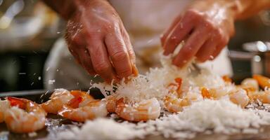 As the sea breeze picks up the chef prepares to make a batch of coconut shrimp using shredded coconut and a secret blend of es photo