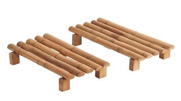 A set of natural bamboo sauna footrests designed to elevate and relax the feet while sitting in the sauna. photo