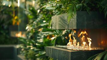 The fire dances against the backdrop of lush green plants creating a captivating contrast in the modern fireplace. 2d flat cartoon photo