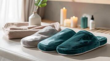 A set of plush velvety slippers perfect for lounging in after a day of pampering photo