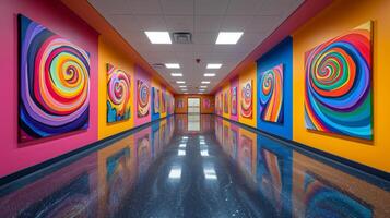 Vibrant and expressive paintings line the walls of a retirement home each one a testament to the artistic abilities and passion of its residents photo