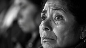 A woman sharing her story with tears in her eyes as others listen attentively photo