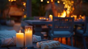 The soft glow of the candles and the crackling fire create a cozy and intimate setting for the outdoor cooking demonstration. 2d flat cartoon photo