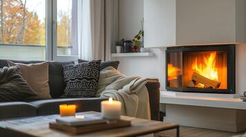 A cozy living room featuring a compact corner fireplace with a sleek black design. 2d flat cartoon photo