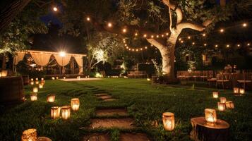 el patio interior es transformado dentro un maravilloso oasis con el parpadeando velas creando un romántico y sereno atmósfera para el especial día. 2d plano dibujos animados foto