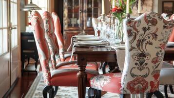 A set of vintageinspired dining chairs each with a different fabric and color adds character and charm to a traditional dining room photo