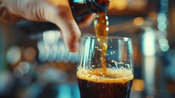 A hand pouring a dark amber brew into a glass showcasing the color and carbonation of the drink photo