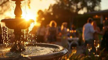 The sun setting behind a picturesque fountain casting a warm glow on guests as they continue to enjoy their nonalcoholic mocktail garden party photo