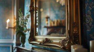 un elegante bordeado de oro espejo cuelga encima el hogar reflejando el calentar resplandor y haciendo el habitación Aparecer más grande. 2d plano dibujos animados foto