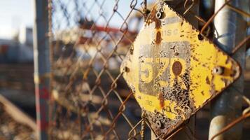 A closeup of a faded construction notice weathered by time and countless sunrises still attached to a sy wire fence surrounding a construction site photo