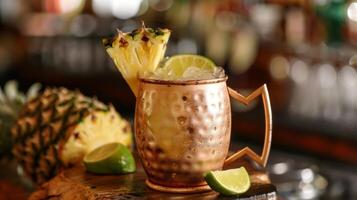 A tropical twist on a classic Moscow Mule made with ginger beer lime juice and a splash of fresh pineapple juice garnished with a pineapple wedge photo