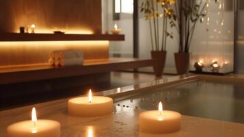 The flickering candles add a touch of warmth to the cool minimalist design of the room symbolizing the balance of fire and water. 2d flat cartoon photo