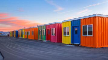 A vibrant mix of temporary buildings and structures serving as onsite offices break rooms and storage facilities photo