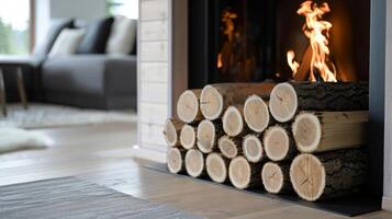 A stack of neatly stacked logs sits next to the fireplace adding to the ambiance and providing a functional element. 2d flat cartoon photo