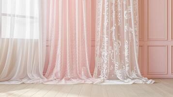 Blank mockup of a romantic shower curtain with a delicate lace pattern and soft pastel colors. photo