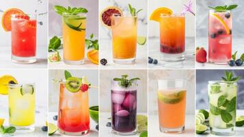 A collage of different mocktail recipes each one using different ingredients and flavors from the DIY mocktail crafting kit demonstrating the endless possibilities for creating tast photo