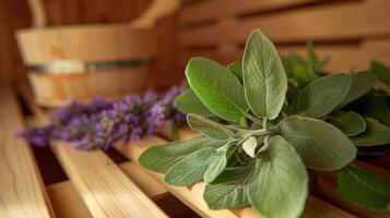 aromaterapia aromas de eucalipto y lavanda llenar el sauna más lejos ayudando en relajación y músculo recuperación. foto