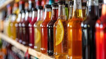A shelf lined with rows of glass bottles each containing a different flavor of nonalcoholic fruit wine made at home with fresh ingredients photo
