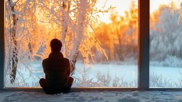 A beautiful frostcovered window overlooking a snowy landscape with faint rays of sunlight streaming through. In the foreground a person sits in their infrared sauna enjoying the warmth photo