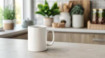 Blank mockup of a ceramic coffee mug with a handle featuring a witty and humorous quote starting your day off with a laugh. photo