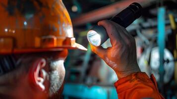 A flashlight being used to check for any defects on a workers hard hat such as cracks or dents photo