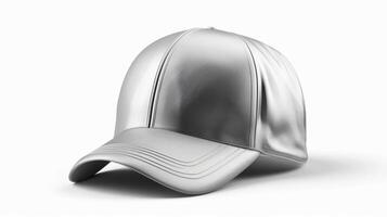 Blank mockup of a metallic silver baseball cap with a curved brim and plastic snapback. photo