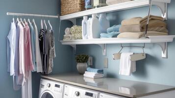 A tiny laundry room transformed into a highly efficient space with the addition of a compact folding station hanging rod and wallmounted iron holder photo