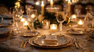 un mesa adornado con elegante ropa de cama pulido cubiertos y parpadeando velas conjuntos el escena para un cero alcohol gastrónomo experiencia foto