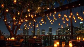 A chic rooftop bar illuminated by suspended candles adding a touch of whimsy to the urban cityscape. 2d flat cartoon photo