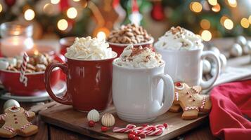 A festive hot chocolate bar with holidaythemed mugs and toppings like gingerbread cookies pumpkin e and eggnog whipped cream for a seasonal touch photo