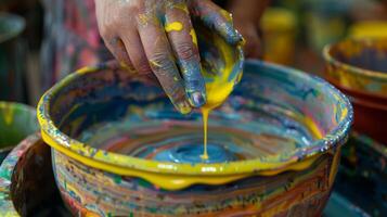 A pair of hands carefully glazing a ceramic lamp base slowly dipping it into a vat of colorful liquid and evenly coating the entire surface. photo