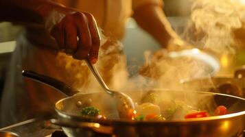 un hombre cocineros un gastrónomo comida para su compañero desafiante el idea ese Cocinando es tradicionalmente un femenino actividad foto