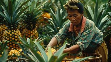 un mujer cuidadosamente maniobra mediante un piña plantación seleccionando solamente el más jugoso frutas a añadir a su cesta foto