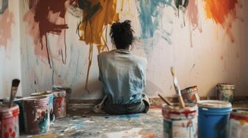 un persona sentado en el piso rodeado por pintar latas y cepillos curioso exhausto a el inconcluso paredes de un habitación foto