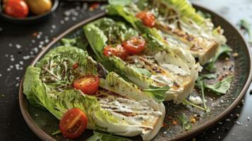 The perfectly charred and caramelized romaine lettuce nestled on a bed of creamy Caesar dressing sprinkled with fragrant herbs and garnished with juicy cherry tomatoes photo