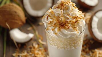 A rich and velvety coconut milkshake topped with whipped cream and a sprinkle of toasted coconut flakes photo