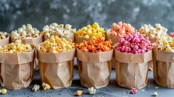 A variety of mini popcorn bags lined up on a table with flavors ranging from buffalo wing to truffle garlic photo