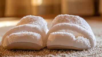 A pair of plush white spa slippers waiting for their owner to slip into for a rejuvenating foot massage. photo