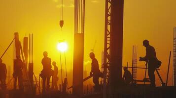 The silhouettes of workers can be seen in every corner of the construction site their movements illuminated by the radiant sunset photo