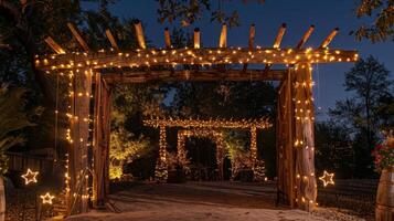 un rústico de madera arco sirve como el Entrada para el regreso a casa Rey y reinas grandioso Entrada calificación el realce de el noche foto